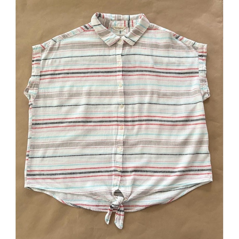 Weatherproof Vintage Linen Blend Striped Tie Front Top‎ Coastal Grandmother Sz L